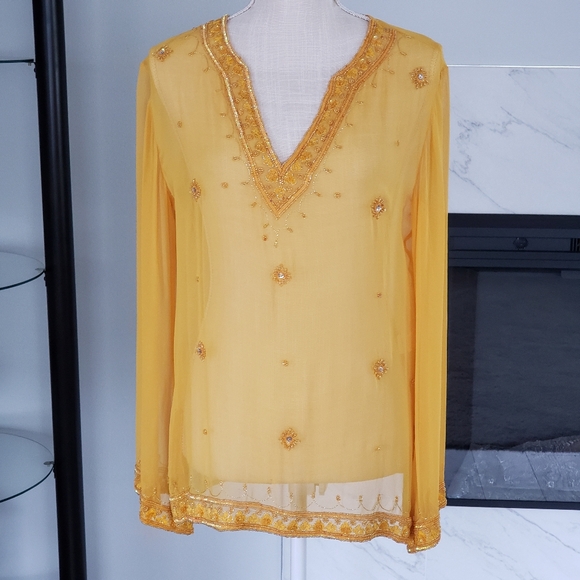 Bloomingdales 100% Silk Beaded Top Blouse Tunic Womens Size Small - Picture 1 of 11